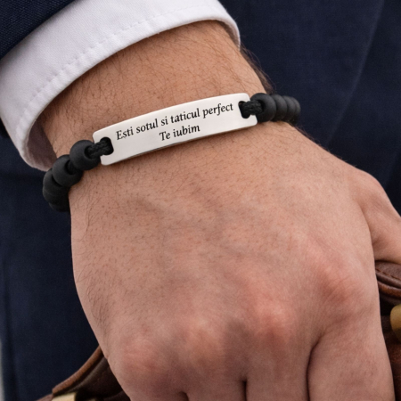 BIJUTERII OTEL INOXIDABIL - Brățară Bărbați cu Șnur, Pietre Onix 6mm și Plăcuță Inox Personalizată Gravură Laser