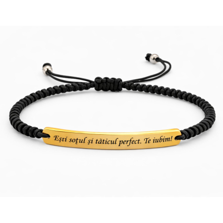 BRATARI - Brățară Bărbați cu Șnur și Plăcuță Aurie Personalizată - Inox - Gravură Laser