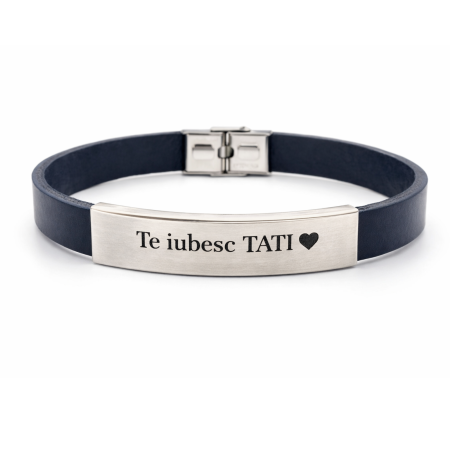 BRATARI - Brățară Bărbați din Piele Naturală Navy Personalizată – Gravură Text, Cadou Elegant pentru El