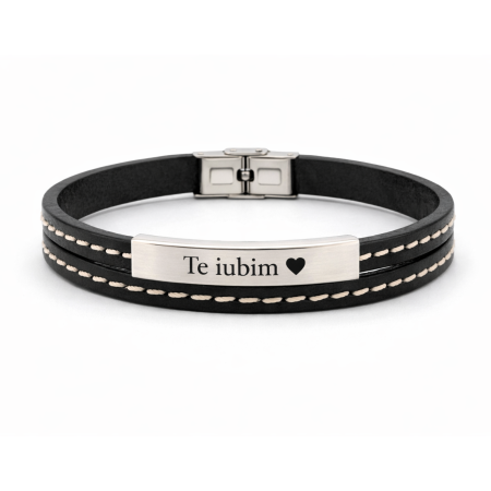 BRATARI - Brățară Bărbați Piele Naturală Neagră Personalizată – Plăcuță Inox Gravură Text, Ajustabilă