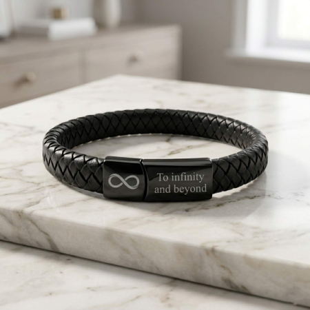 Brățară Bărbați din Piele - Personalizată Text, Închidere Magnetică Neagră, Inox [2]