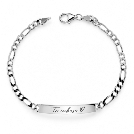 Bratari Barbati cu Placuta Personalizata - Brățară Bărbați Personalizată Argint 925, Lanț Figaro 19,5 cm – Plăcuță 35 mm