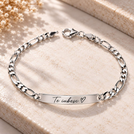 Bratari Barbati cu Placuta Personalizata - Brățară Bărbați Personalizată Argint 925, Lanț Figaro 19,5 cm – Plăcuță 35 mm