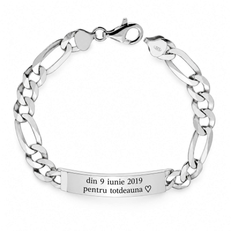 Bratari Barbati cu Placuta Personalizata - Brățară Bărbați Personalizată Argint 925, Lanț Figaro 21 cm – Plăcuță 9x50 mm