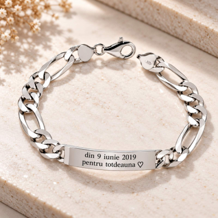 Bratari Barbati cu Placuta Personalizata - Brățară Bărbați Personalizată Argint 925, Lanț Figaro 21 cm – Plăcuță 9x50 mm