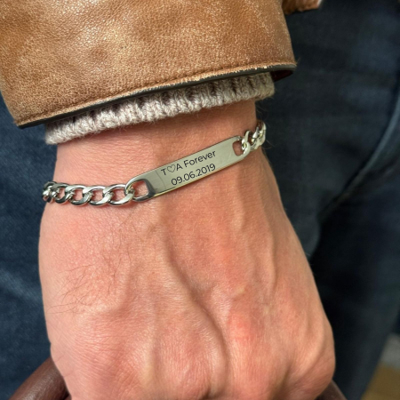 Bratari otel inoxidabil - Brățară Bărbați Personalizată cu Nume sau Mesaj – Plăcuță Inox 40x8 mm, Lanț Reglabil