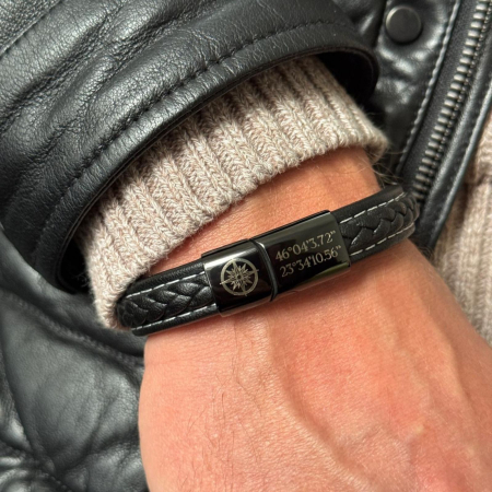 Brățară Bărbați Personalizată, Piele Neagră 10mm, Închidere Magnetică Neagră, Inox [3]