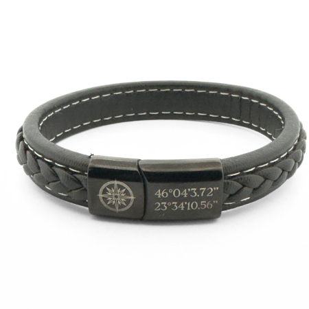 Bratari piele barbati - Brățară Bărbați Personalizată, Piele Neagră 10mm, Închidere Magnetică Neagră, Inox