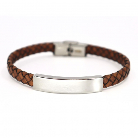 Brățară Bărbați Personalizată, Piele Naturală Maro, Închizătoare Inox, Lungime 22 cm [0]