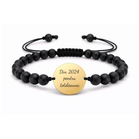 Bratari Argint Personalizate - Bratara barbati personalizata - Pietre semipretioase onix, banut gravat Argint 925