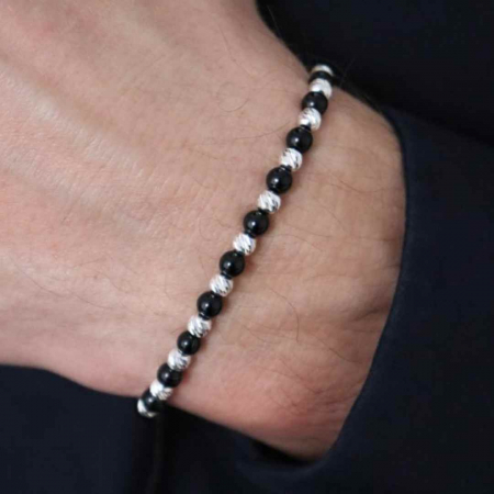 Bratara cu Bile din Argint 925, Pietre Onix Lucios 4 mm, Snur Reglabil [3]