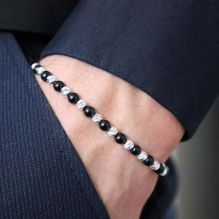 Bratari argint cu pietre - Bratara cu Bile din Argint 925, Pietre Onix Lucios 4 mm, Snur Reglabil