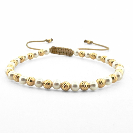 Bratari argint femei - Brățară Damă cu Biluțe de Argint Placate cu Aur 18K, Perle 4mm, Șnur Reglabil