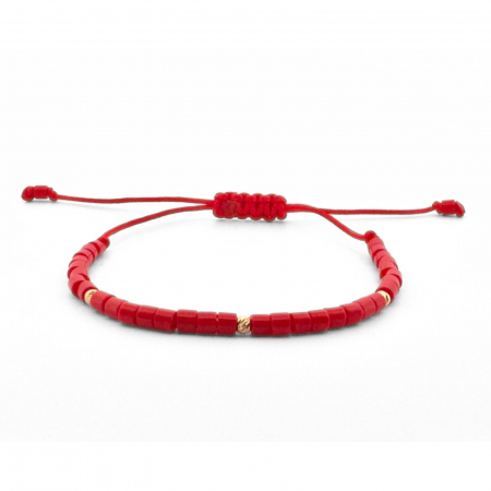 Bratari aur dama - Brățară cu 3 Bile de Aur 14K și Mărgeluțe Roșii Miyuki 2.5 mm, Șnur Reglabil