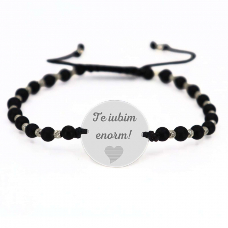 Bratari argint barbati - Brățară cu bănuț personalizat cu poză din Argint 925, biluțe Onix și șnur reglabil