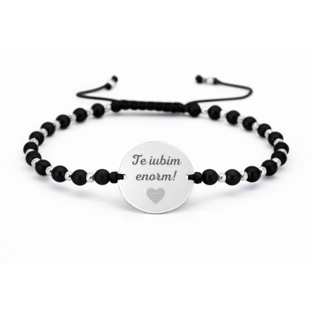 Bratari argint barbati - Brățară cu bănuț personalizat cu poză din Argint 925, biluțe Onix și șnur reglabil