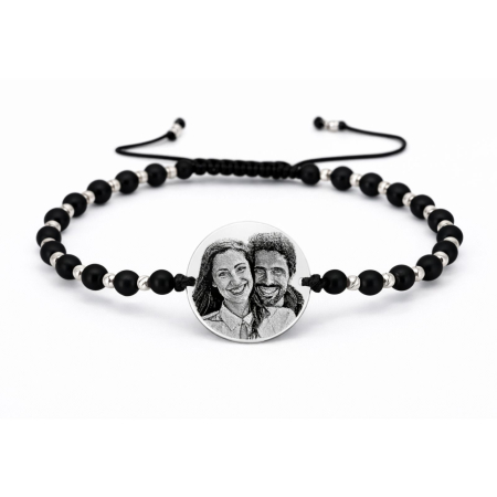 Bratari argint barbati - Brățară cu bănuț personalizat cu poză din Argint 925, biluțe Onix și șnur reglabil