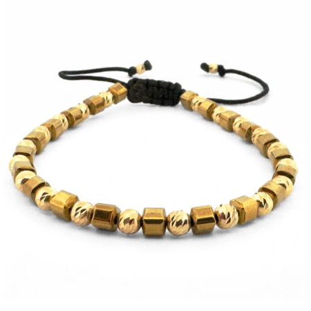 Bratari dama - Brățară cu Bile Argint 4 mm Placate cu Aur 18K, Hematit Auriu Cuburi - Șnur Reglabil, Unisex