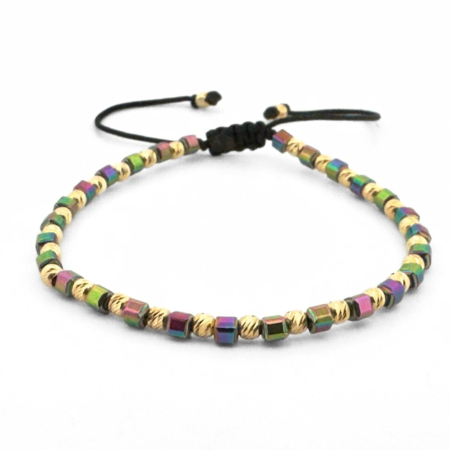 Bratari dama - Brățară Damă cu Biluțe Argint 3 mm Placate cu Aur 18K, Hematit Multicolor Cuburi - Șnur Reglabil