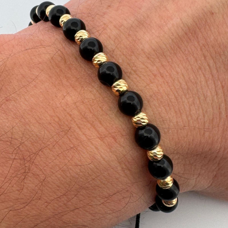 Bratari argint femei - Brățară cu Bile Argint 4mm Placate cu Aur 18K, Onix Lucios 6mm, Șnur Reglabil, Unisex