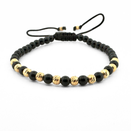 Bratari argint femei - Brățară cu 10 Bile de Argint Placate cu Aur 18K, Onix Lucios 4mm, Șnur Reglabil, Unisex