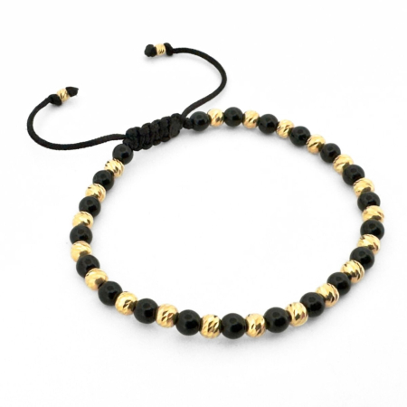 Brățară Onix cu Bile Argint 4mm Placate cu Aur 18K, Șnur Reglabil, Unisex [6]