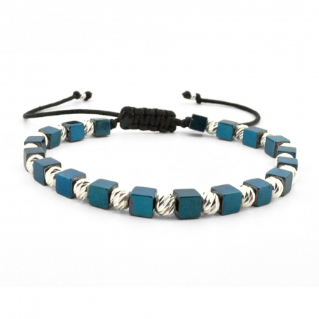 Bratari argint cu pietre - Brățară cu Bile Argint 925 4mm, Hematit Albastru Cuburi, Șnur Reglabil, Unisex