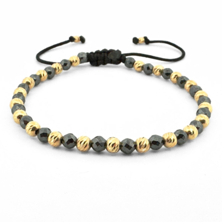 CADOURI - Brățară cu Bile Argint 925 Placate Aur 18K 4mm, Pietre Hematit Fațetat - Șnur Reglabil, Unisex