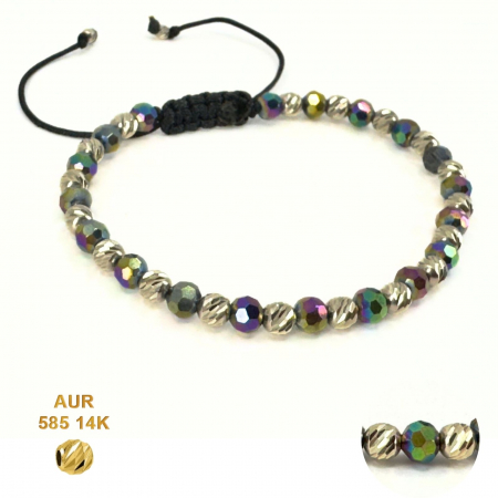 Brățară cu Bile Aur Alb 14K și Cristale Sticlă Multicolore 4 mm, Șnur Reglabil [8]