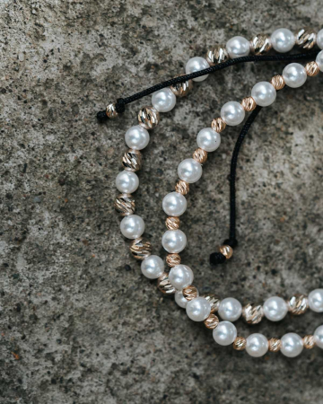 Brățară cu Bile Aur Alb 14K și Perle Stil Mallorca 4 mm, Șnur Reglabil [6]