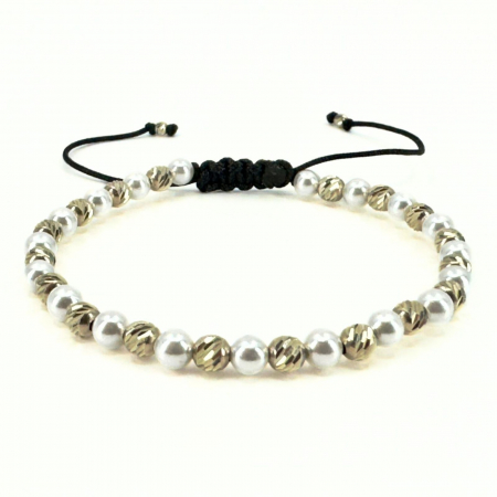 Brățară cu Bile Aur Alb 14K și Perle Stil Mallorca 4 mm, Șnur Reglabil [0]