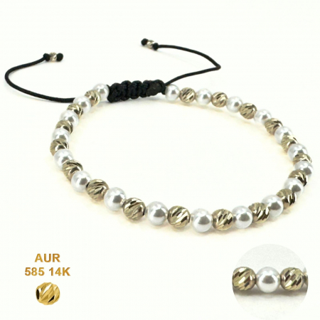 Brățară cu Bile Aur Alb 14K și Perle Stil Mallorca 4 mm, Șnur Reglabil [7]