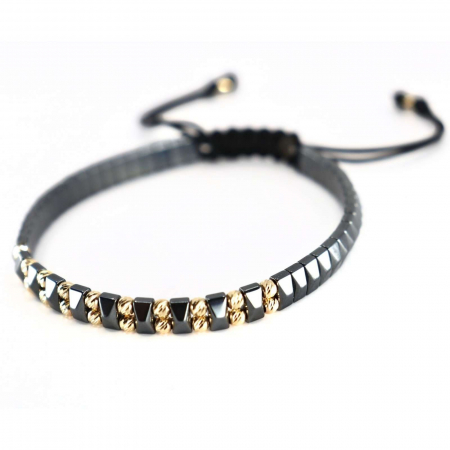 Brățară cu Bile de Aur 14K 3 mm, Șnur Reglabil și Hematit Gri [2]