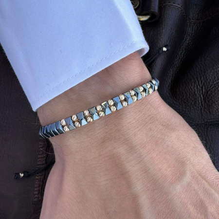 Bratari bilute aur - Brățară cu Bile de Aur 14K 3 mm, Șnur Reglabil și Hematit Gri