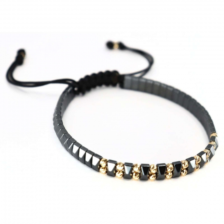 Brățară cu Bile de Aur 14K 3 mm, Șnur Reglabil și Hematit Gri [3]