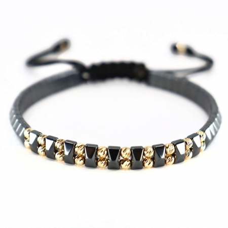 Bratari bilute aur - Brățară cu Bile de Aur 14K 3 mm, Șnur Reglabil și Hematit Gri