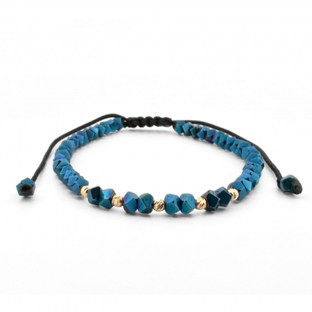 Bratari aur dama - Brățară cu Bile de Aur 14K, Hematit Albastru și Șnur Reglabil, Unisex