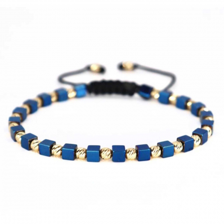 CADOURI - Brățară cu Bile de Aur 14K, Hematit Cuburi Albastru și Șnur Reglabil