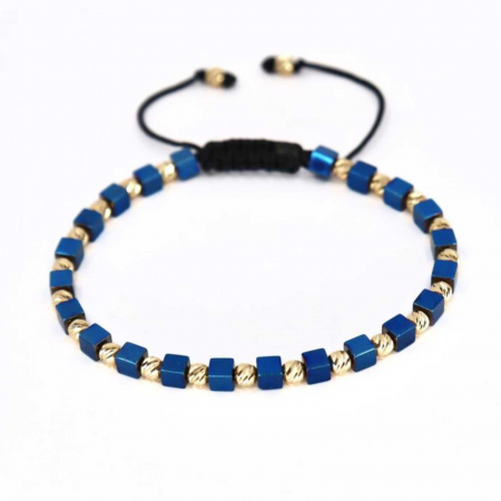 Brățară cu Bile de Aur 14K, Hematit Cuburi Albastru și Șnur Reglabil [6]