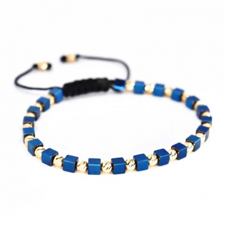 Brățară cu Bile de Aur 14K, Hematit Cuburi Albastru și Șnur Reglabil [4]