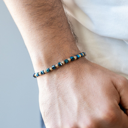 Brățară cu Bile de Aur 14K, Hematit Cuburi Albastru și Șnur Reglabil [3]