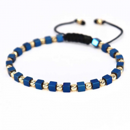 Brățară cu Bile de Aur 14K, Hematit Cuburi Albastru și Șnur Reglabil [5]