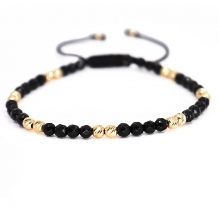 Bratari bilute aur - Brățară cu bile de aur 14K, Onix negru fațetat 4 mm, șnur reglabil