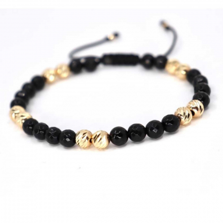 Brățară cu bile de aur 14K, Onix negru fațetat 6 mm, șnur reglabil [5]