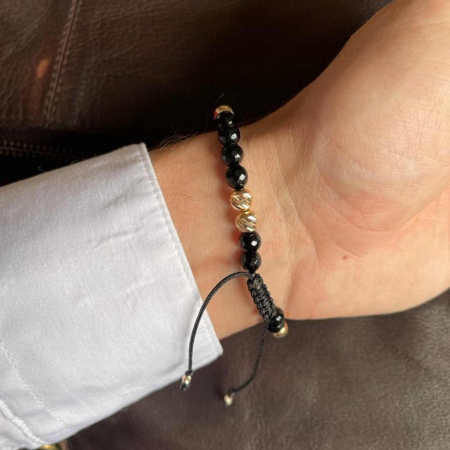 Brățară cu bile de aur 14K, Onix negru fațetat 6 mm, șnur reglabil [2]