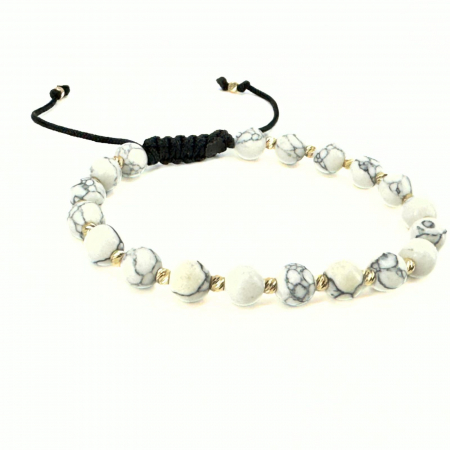 Bratari bilute aur - Brățară cu Bile de Aur 14K, Pietre Naturale Howlit Alb 6 mm, Șnur Reglabil