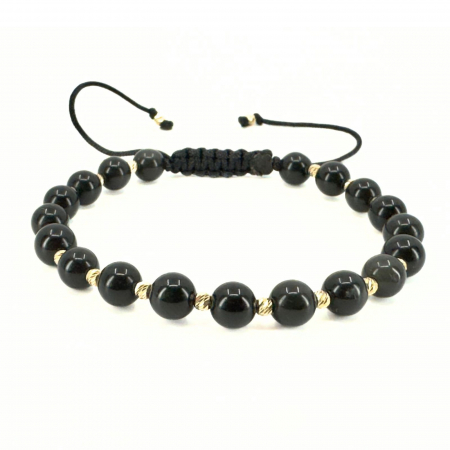 Cadouri între 300-500 RON - Brățară cu Bile de Aur 14K, Pietre Naturale Onix Negru Lucios 6 mm, Șnur Reglabil