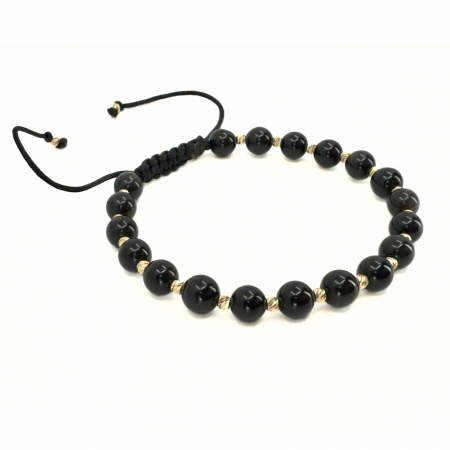 Cadouri între 300-500 RON - Brățară cu Bile de Aur 14K, Pietre Naturale Onix Negru Lucios 6 mm, Șnur Reglabil