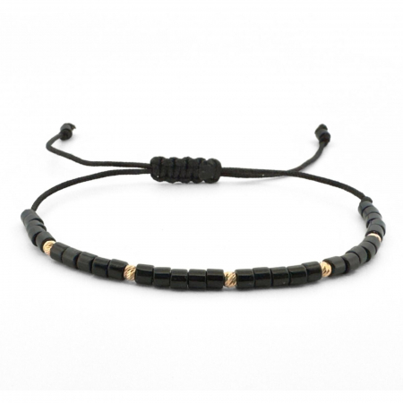 Bratari aur dama - Brățară cu Bile de Aur 14K și Mărgeluțe Negre Miyuki 2.5 mm, Șnur Reglabil