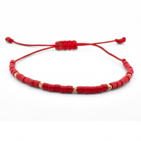 Bratari aur dama - Brățară cu Bile de Aur 14K și Mărgeluțe Roșii Miyuki 2.5 mm, Șnur Reglabil